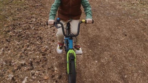 Top Down Boy Cycling Forest Path Independence