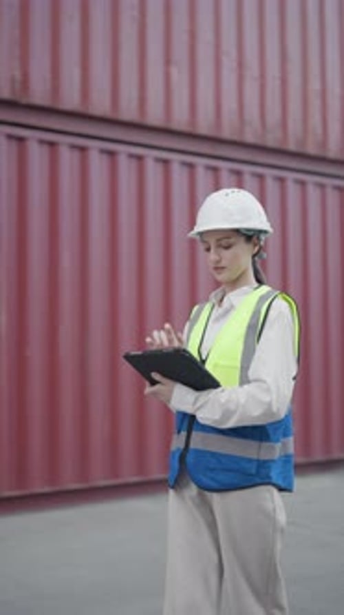 Female engineer using a tablet while pointing during an inspection at a shipping container