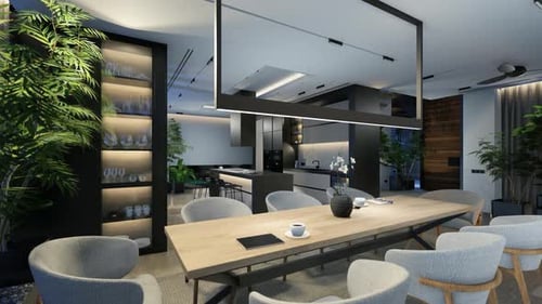 4K video of modern cozy interior with living, dining zone, stair and kitchen in night