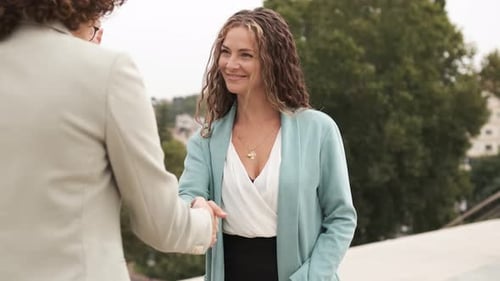 Happy Adult Female Business Colleagues Greeting in City