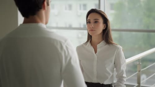 Business Colleagues Coworkers Partners Businesswoman Smiling Friendly Pleasant Formal Conversation