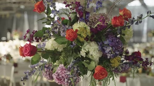 Close up of flower bouquet arrangement on a wedding banquet dining table