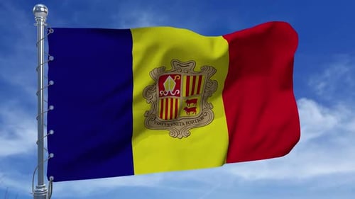 Andorra National Flag Waving in Realistic Blue Sky