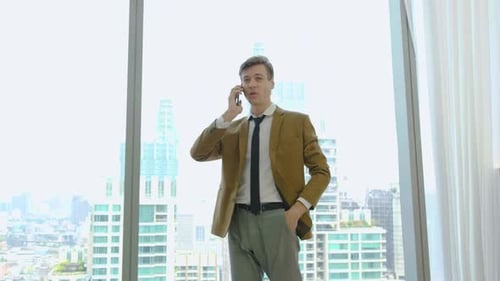 Caucasian man, phone call and serious business conversation in company for digital networking