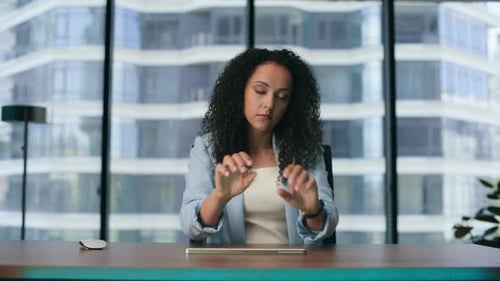 Woman Analyzes Holographic Data in Metaverse