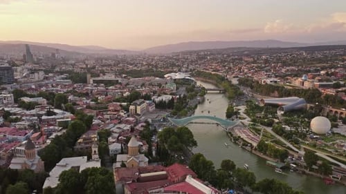 Tbilisi City and Kura River at Sunset