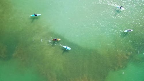SUP surfers paddling along a Mediterranean coast