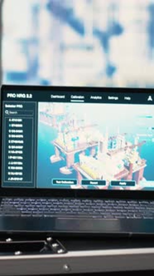 Vertikaler Videolaptop auf einem Bohrschiff mit Dashboard für vorausschauende Wartung