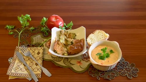 Healthy mediterranean cuisine, three dishes concept for lunch or dinner. Side view closeup of placin