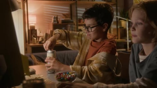 Boys Using Computer at Night with Snacks