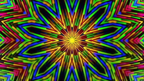 Diseño abstracto colorido con centro en forma de estrella en el centro. Caleidoscopio VJ loop