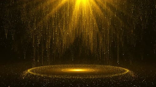 Awards stage background with falling particles and five-pointed star spots Golden particles gatherin