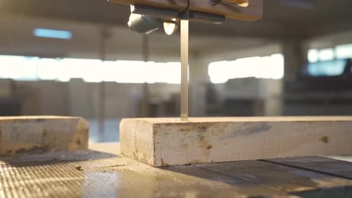 Saw Cutting a Block of Wood in Workshop