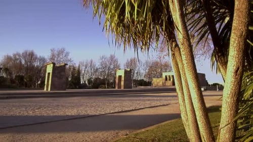 Egyptian Temple of Debod, Madrid, revealed behind palm trees