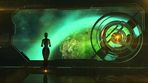 Futuristic Space Station View with Humanoid AI and Glowing Earth