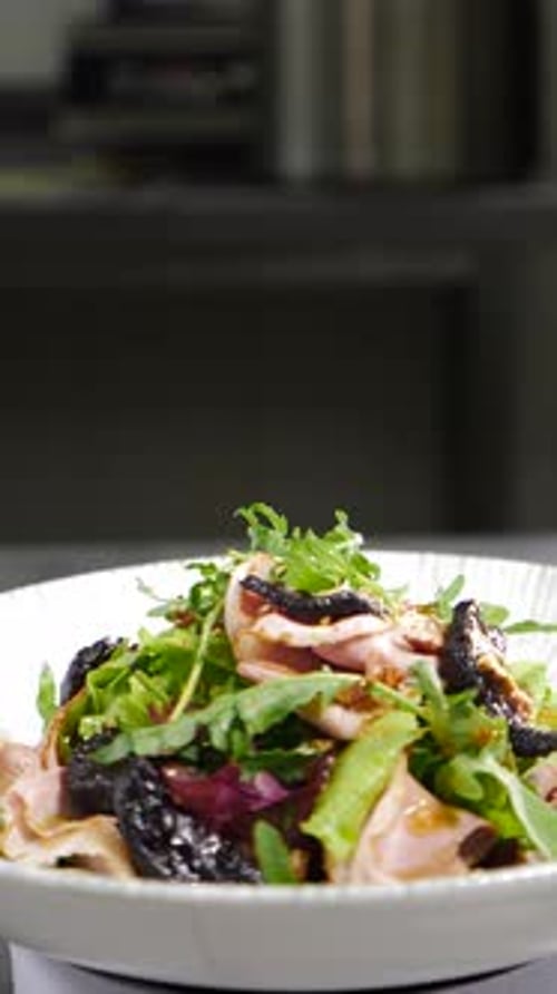 Final Touch in Dish Serving Cooking Process Luxury Restaurant Chef Finishing Duck Dish with Salad