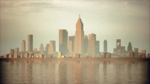 Vista panorámica mística de Business Bay con amanecer púrpura