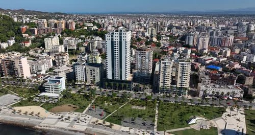 Aerial panoramic view of the city of Durres on a sunny day, Albania