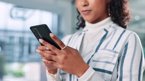 Phone, hands and businesswoman in office with typing for email, communication or contact