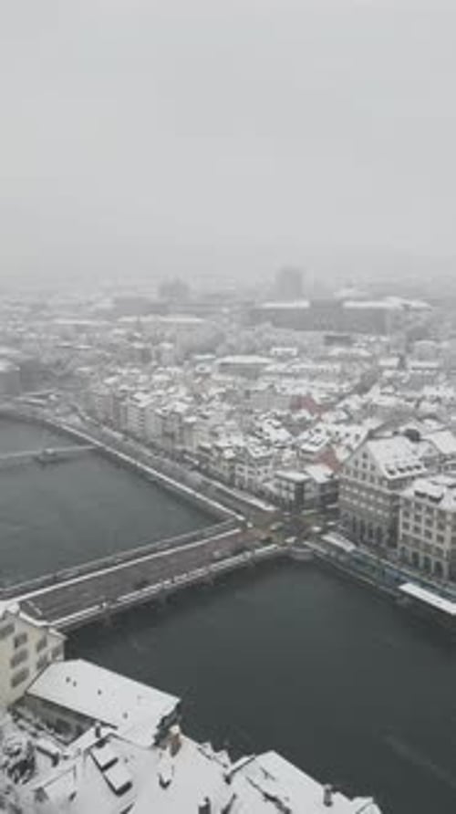 Aerial video of the city of Zurich in winter, Switzerland