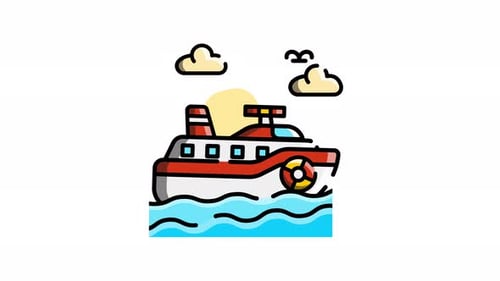 Animated Flat Design Boat Icon on Wavy Water