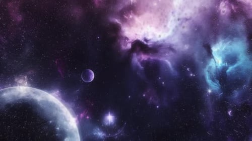 Flying Through Vibrant Space Nebula with Stars and Planets Background