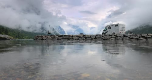 Family vacation travel RV, holiday trip in motorhome. Beautiful Nature Norway natural landscape.