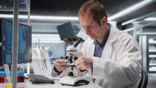 Funcionário estudando bandeja de amostra sob o microscópio para estudo de pesquisa