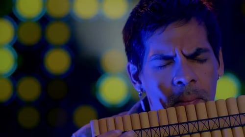 Nahaufnahme eines Musikers, der ein Panflöteninstrument aus den Anden Perus und Boliviens spielt