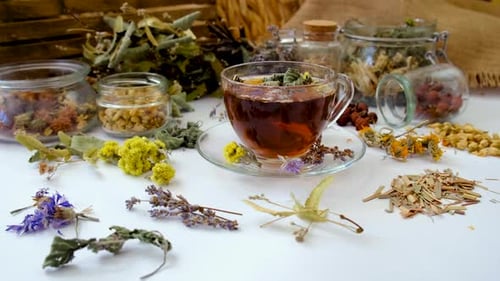 Tea with Herbs and Colors of Medicinal