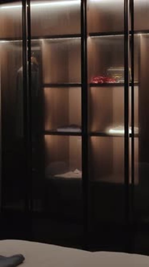 Modern Wardrobe with Frosted Glass in Dimly Lit Bedroom