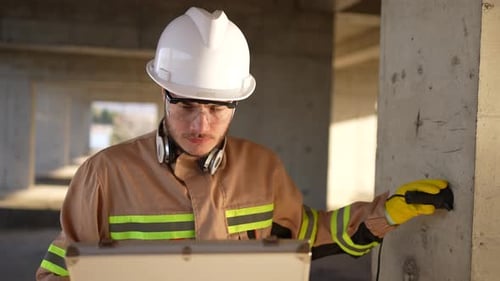 Un ingénieur portraitiste vêtu d'un casque et d'un uniforme blancs inspecte la qualité du béton en