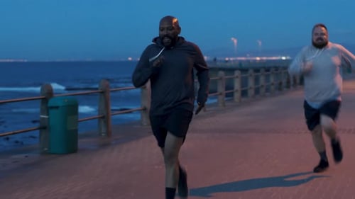 Plus size fitness, ocean and men running for weight loss goals, health diet