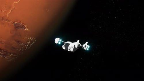 Futuristic Spaceship Exploring Space Near Red Planet