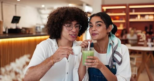 Couple, date and face with drinks in cafe for bonding, travel connection and beverage break