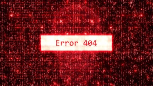 Alerta de erro 404 do computador sobre fundo vermelho de hacking com matriz binária animada