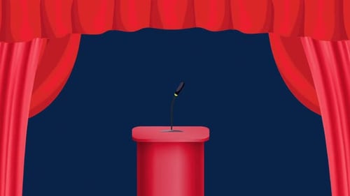 Red Stage Curtains Open to Reveal Podium with Microphone