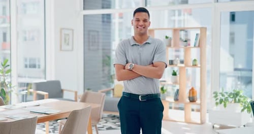 Executive, businessman and arms crossed in office with face, smile or vision for success