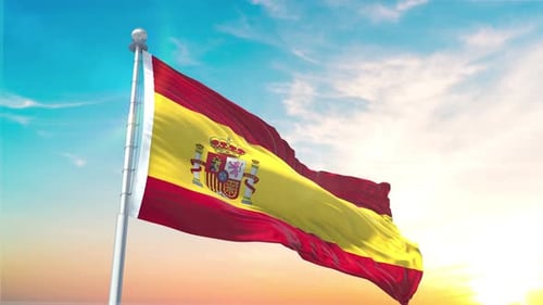 Realistic Spain Flag Waving Against Clear Sky Background
