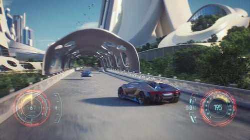 4K, Fake 3D video game. Utopia city racing car fake game with HUD.