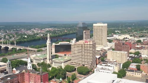 Springfield, Massachusetts skyline with drone video moving down.
