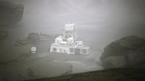 Research station with modular architecture. Aerial view of an outpost. Space colonization base