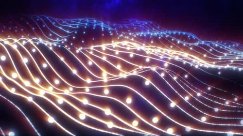 Abstrakte blaue, glänzende, leuchtende Linien, Energiestrahlen und magische Wellen aus Partikeln und Punkten