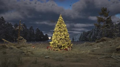 Magical Christmas Tree with Falling Snow in Winter Forest