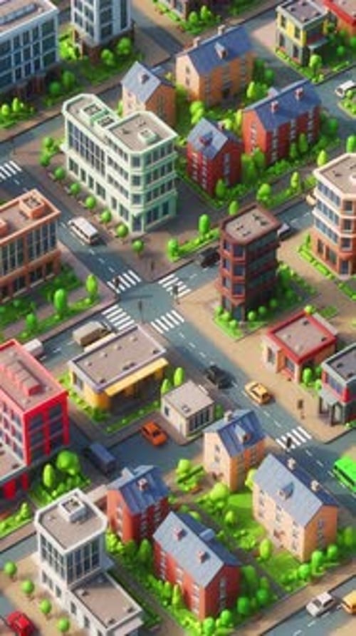 Volando sobre una ciudad moderna de dibujos animados en 3D