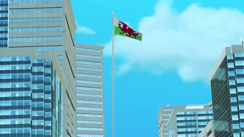Wales Flag 3D Render Animation with Urban Architecture and Clear Blue Sky