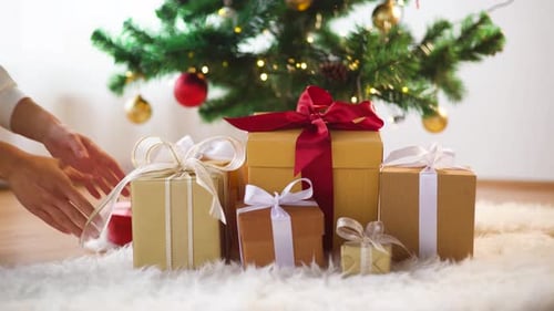Christmas Presents Under Decorated Tree with Lights