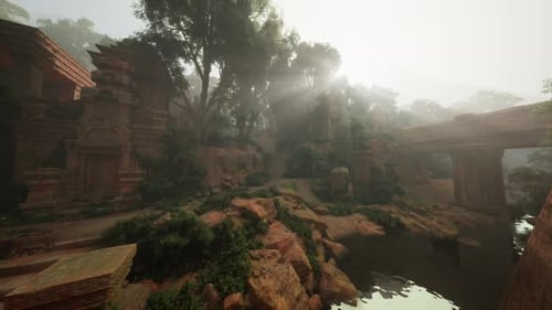Ruines de temples envahies par la végétation, baignées par la chaleur du soleil et enveloppées de brume