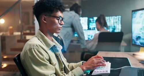 Computer screen, engineer and coding on keyboard in office and productivity on futuristic
