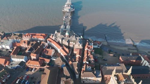 Aerial view of Cromer Pier and town in Norfolk with coastal scenery and historic charm